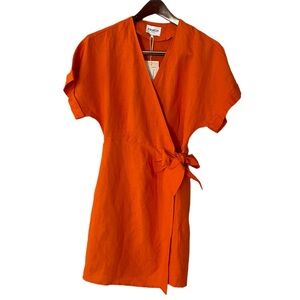 FRNCH Orange Wrap Tie Short Sleeve Dress